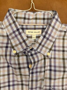Peter Millar Blue and Olive Plaid Button-Down Shirt